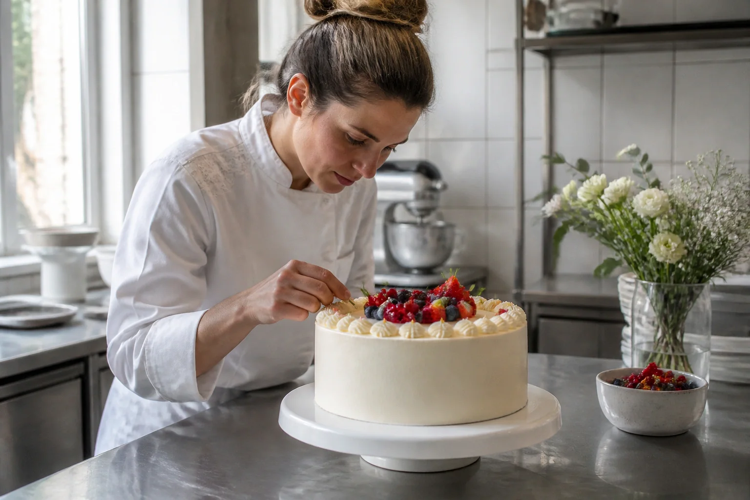 Gâteau de mariage préparé dans un atelier — illustration générée par IA