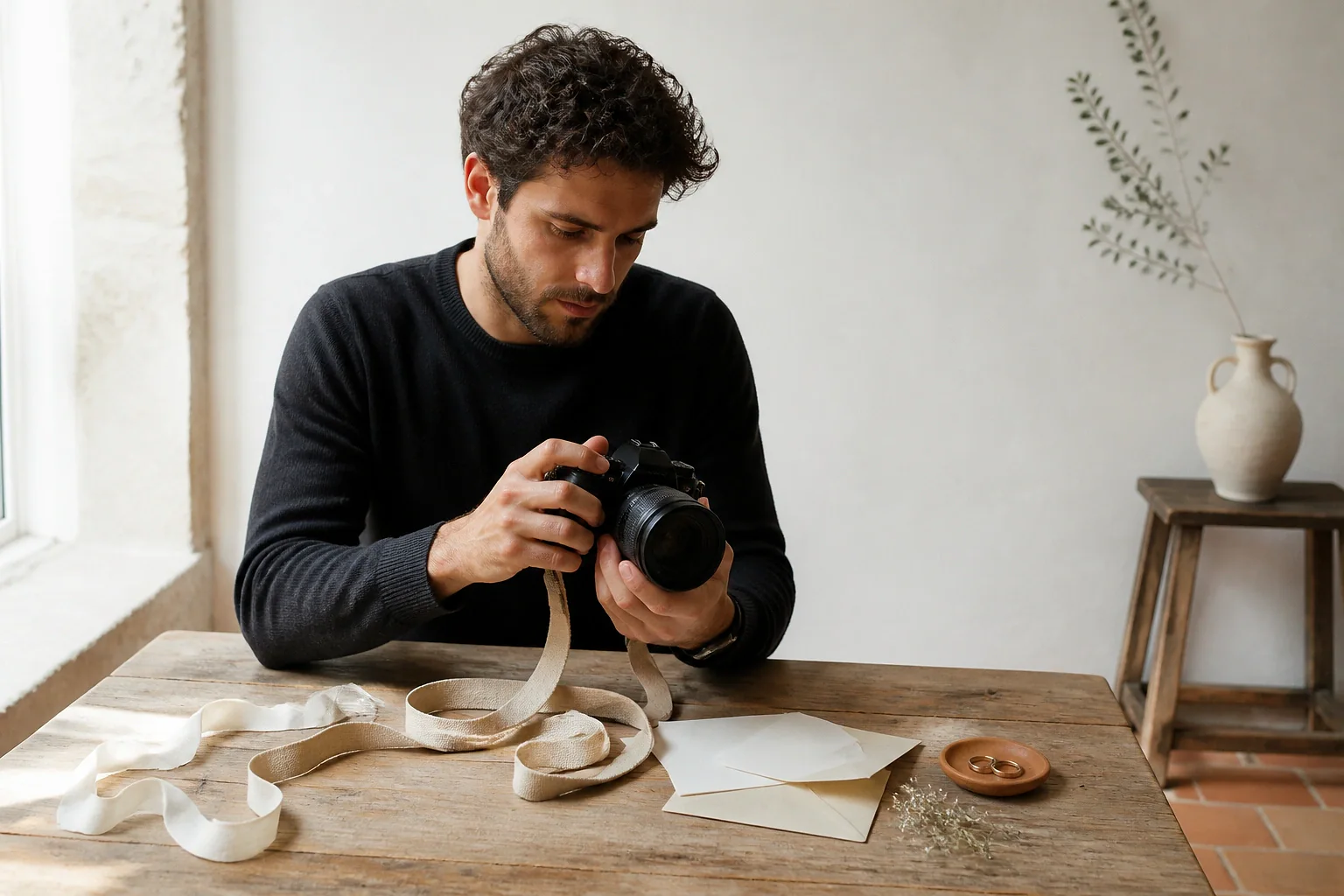 Appareil photo et accessoires de reportage de mariage — illustration générée par IA