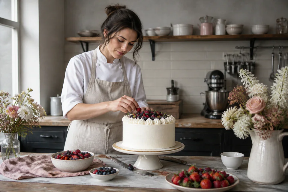 Gâteau de mariage préparé dans un atelier — illustration générée par IA