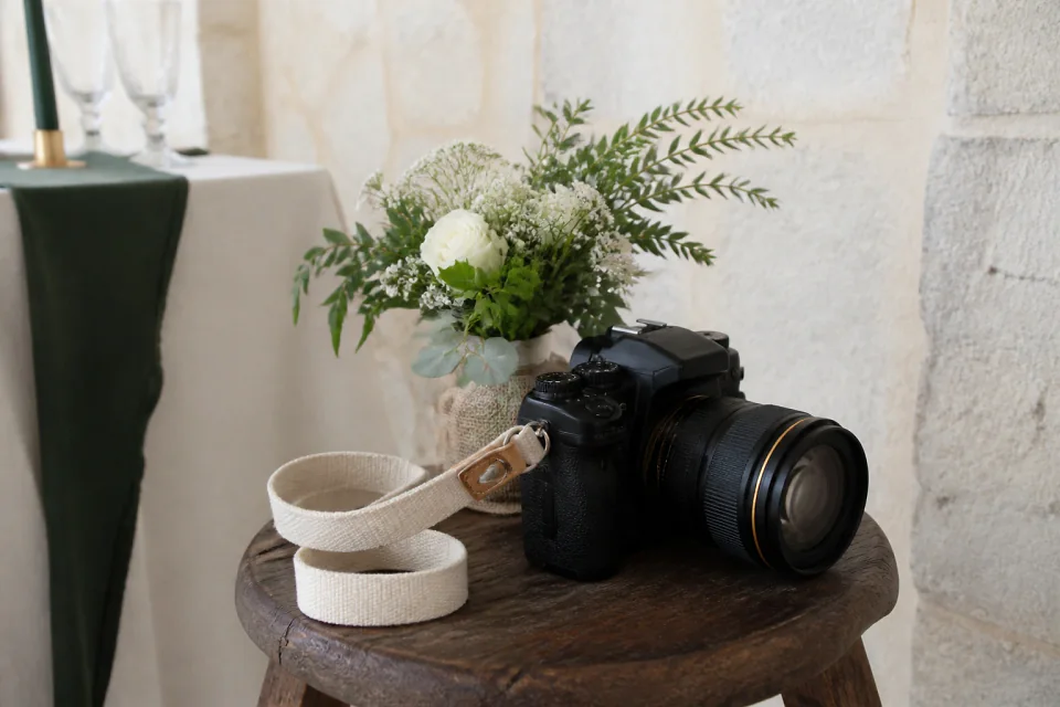 Appareil photo et accessoires de reportage de mariage — illustration générée par IA