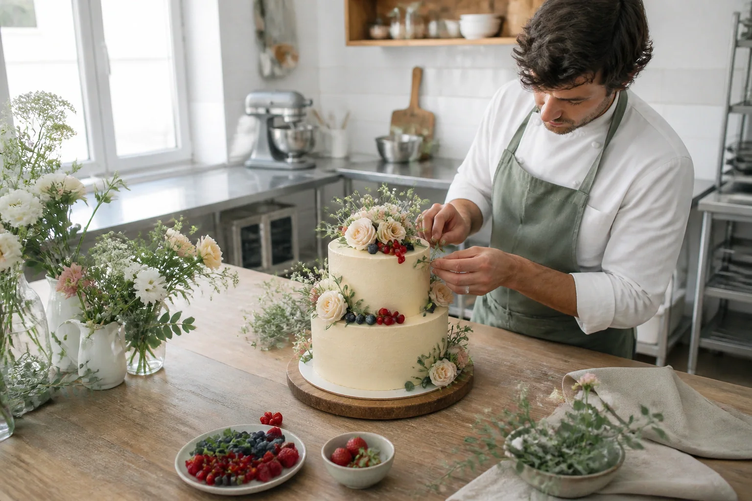 Gâteau de mariage préparé dans un atelier — illustration générée par IA