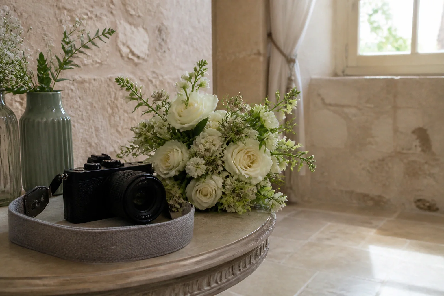Appareil photo et accessoires de reportage de mariage — illustration générée par IA