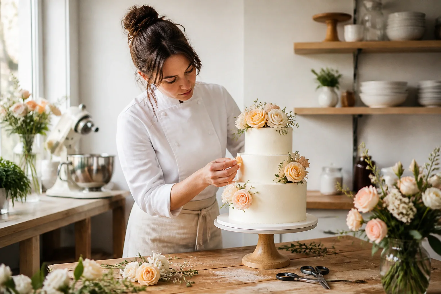 Gâteau de mariage préparé dans un atelier — illustration générée par IA
