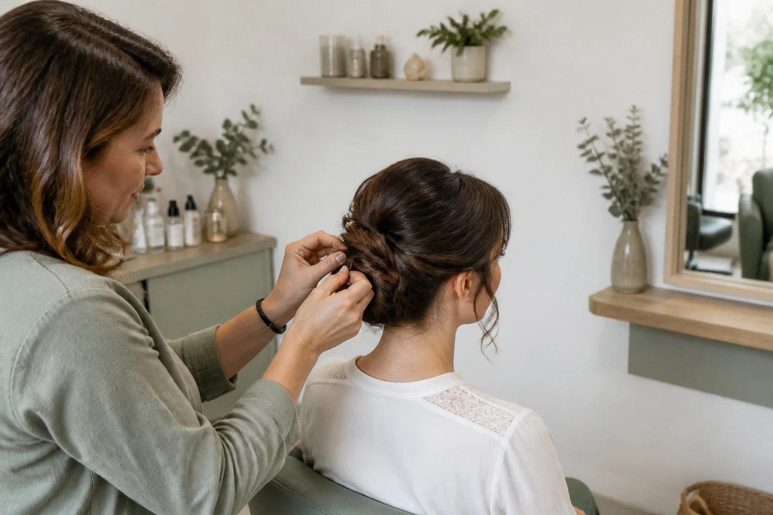 Coiffure de cérémonie vue pendant la préparation — illustration générée par IA