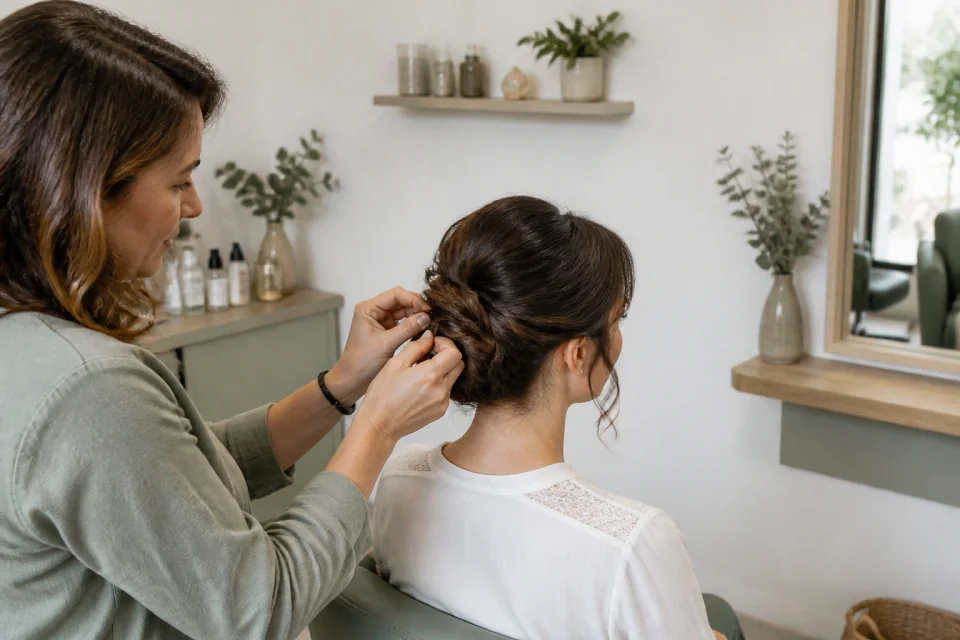 Coiffure de cérémonie vue pendant la préparation — illustration générée par IA