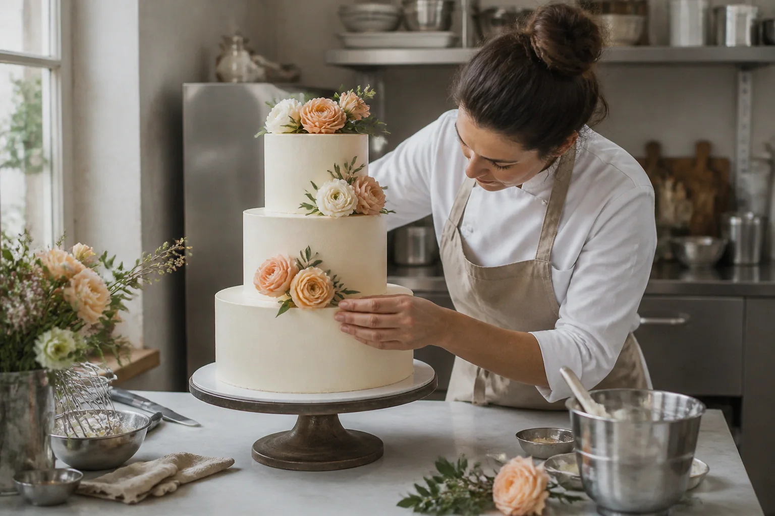 Gâteau de mariage préparé dans un atelier — illustration générée par IA