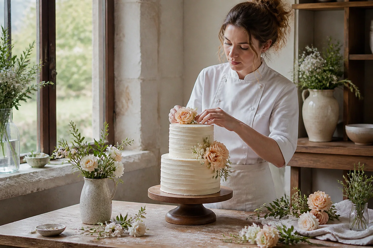 Gâteau de mariage préparé dans un atelier — illustration générée par IA
