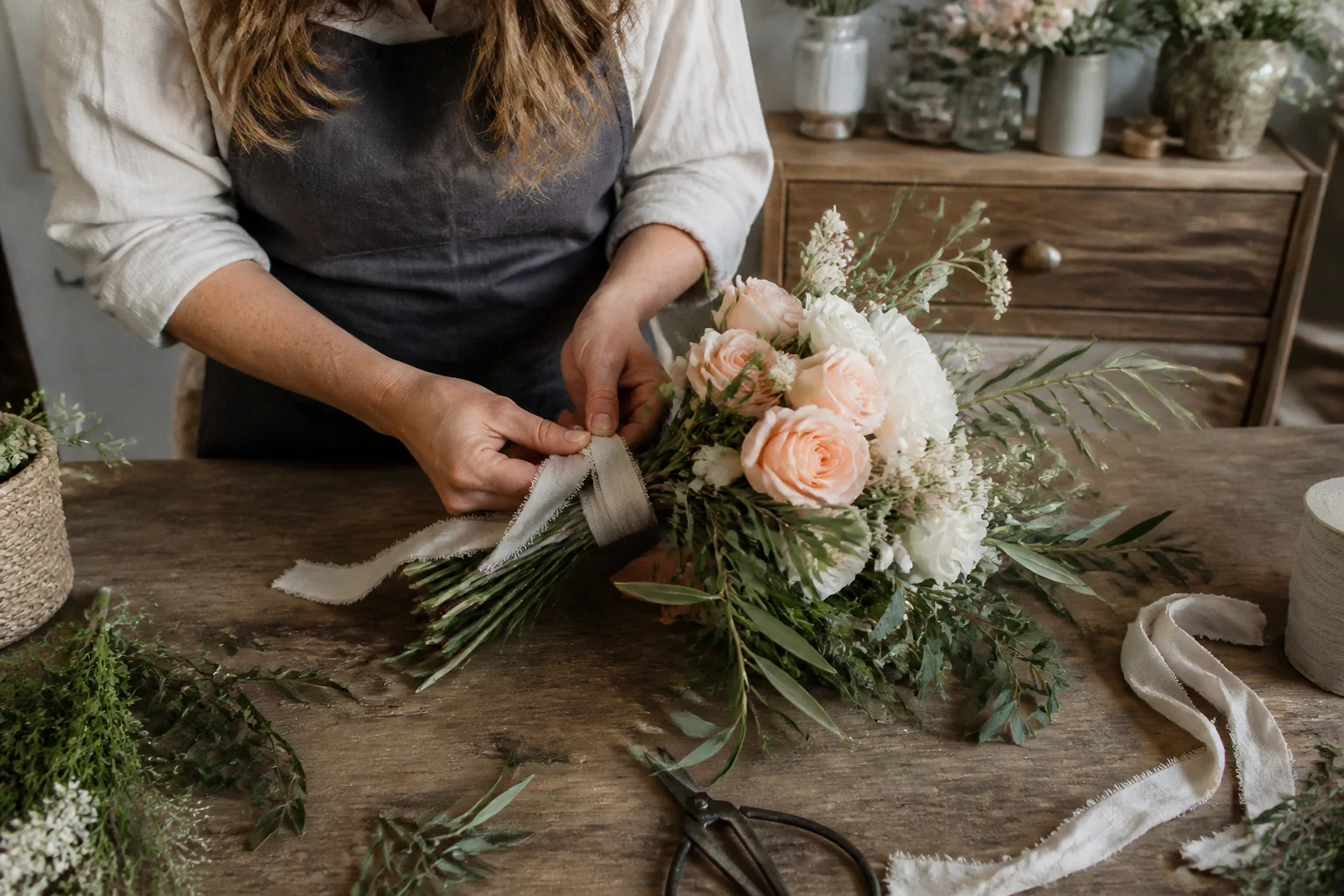 Préparation florale pour un mariage — illustration générée par IA
