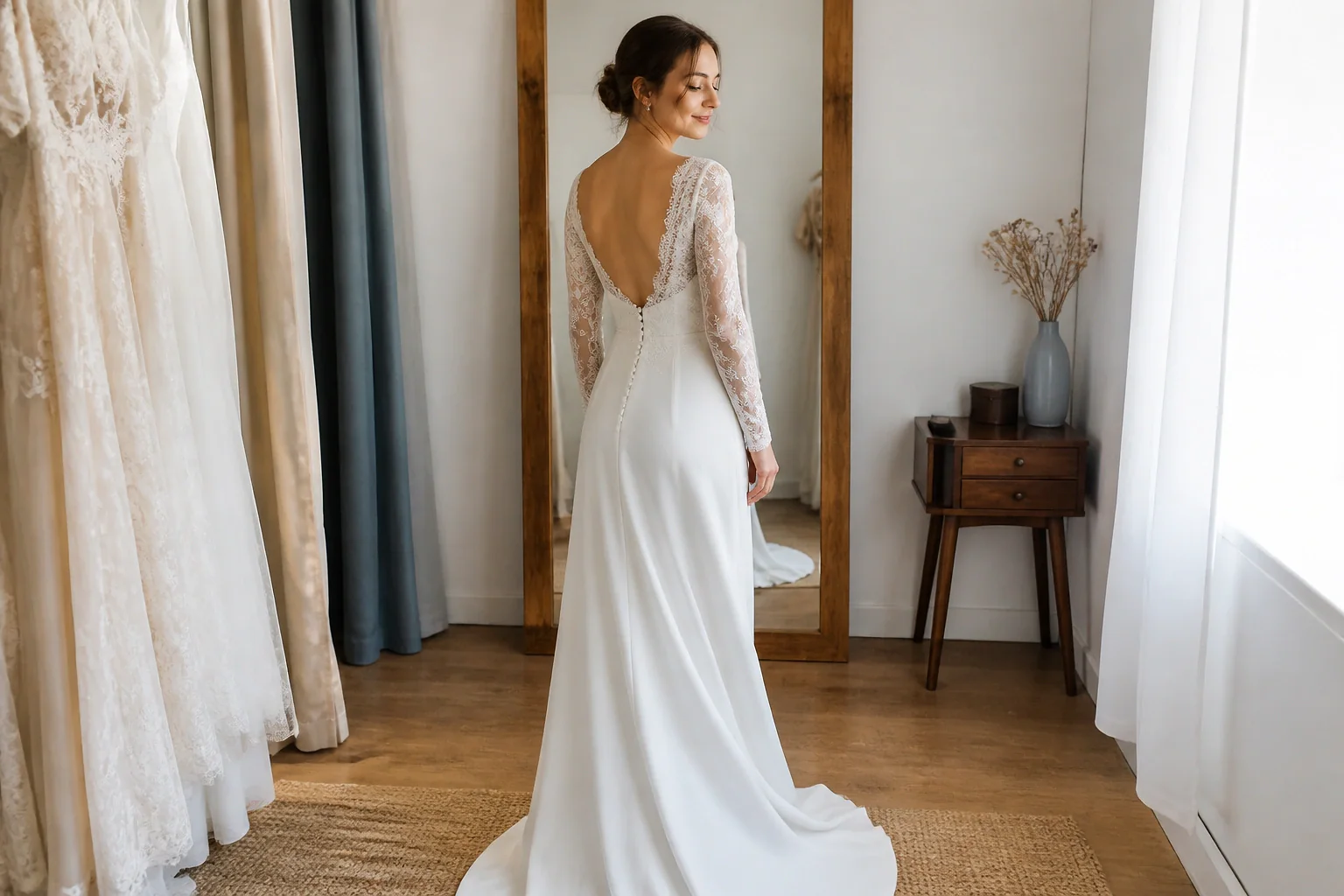 Robe de mariée dans un atelier de confection — illustration générée par IA