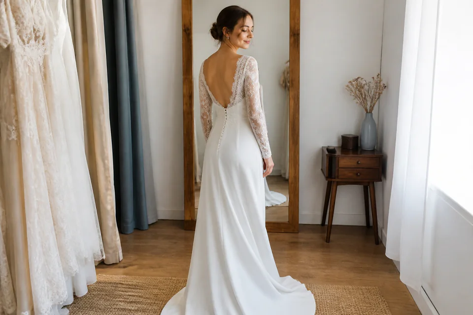 Robe de mariée dans un atelier de confection — illustration générée par IA