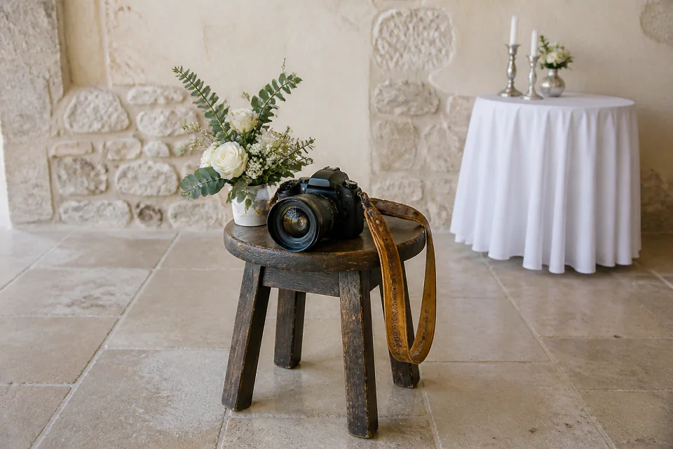 Appareil photo et accessoires de reportage de mariage — illustration générée par IA