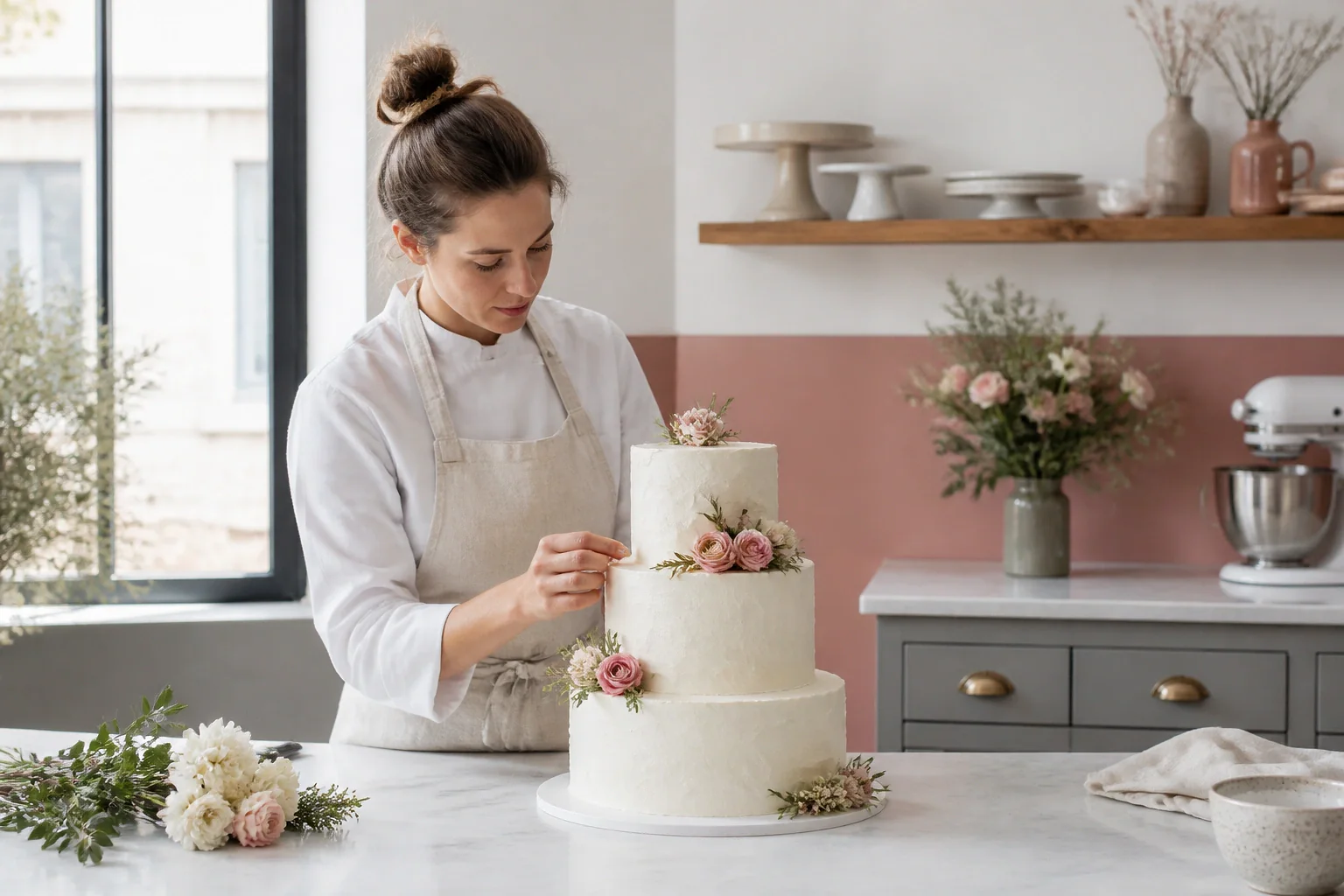 Gâteau de mariage préparé dans un atelier — illustration générée par IA