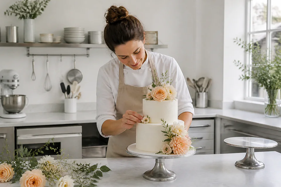 Gâteau de mariage préparé dans un atelier — illustration générée par IA