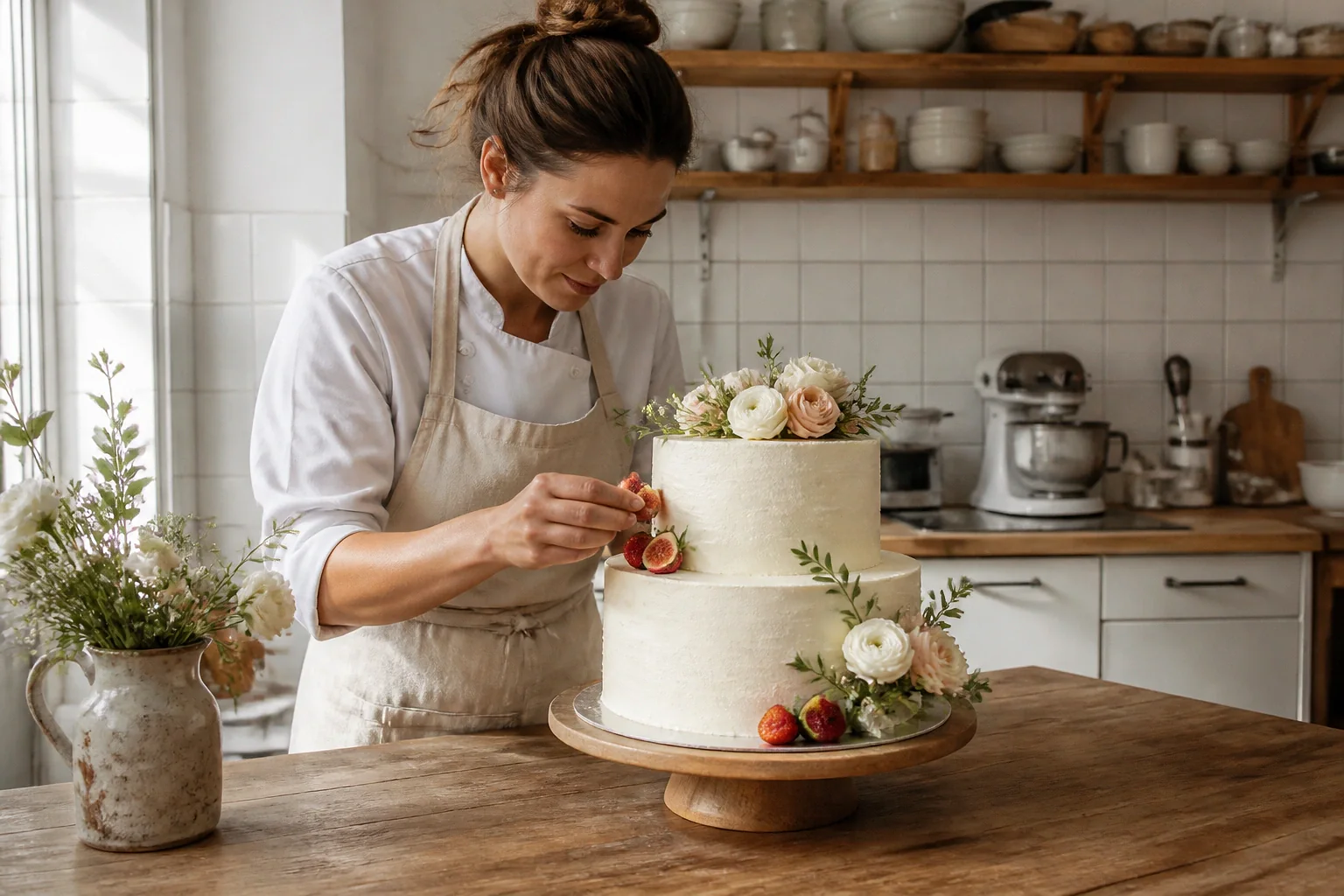 Gâteau de mariage préparé dans un atelier — illustration générée par IA