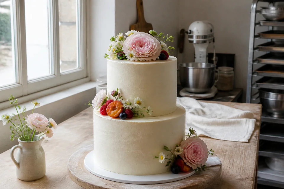 Gâteau de mariage préparé dans un atelier — illustration générée par IA