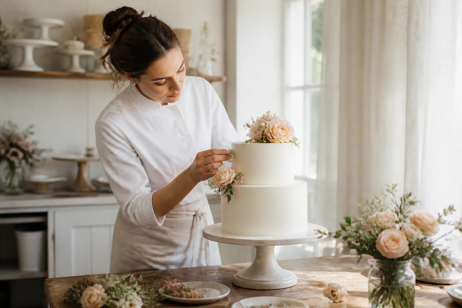 Gâteau de mariage préparé dans un atelier — illustration générée par IA