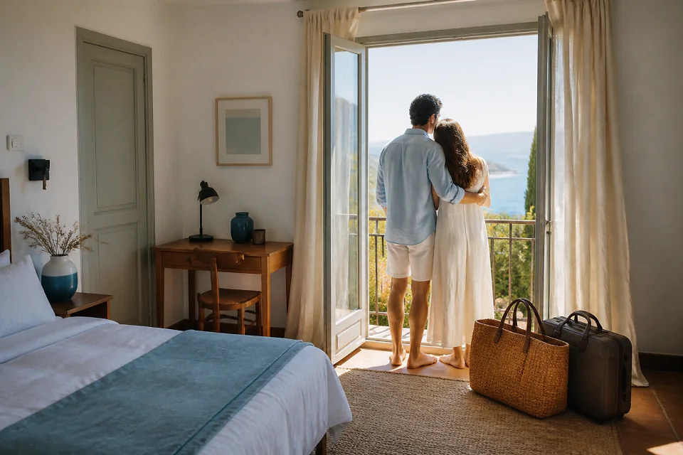 Bagages et hébergement pour un voyage de noces — illustration générée par IA