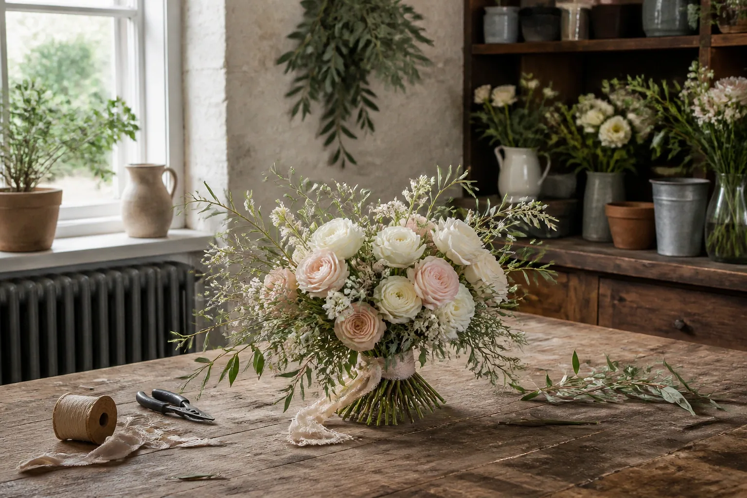 Préparation florale pour un mariage — illustration générée par IA