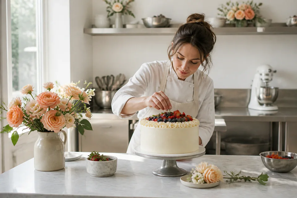 Gâteau de mariage préparé dans un atelier — illustration générée par IA