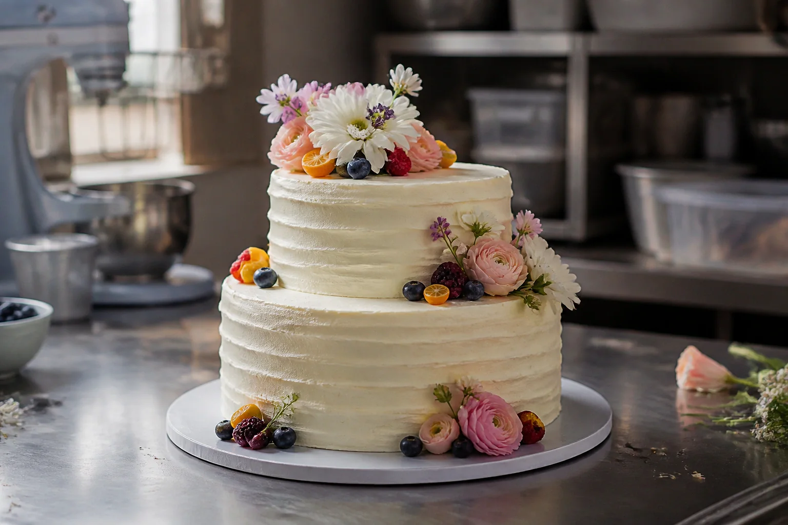Gâteau de mariage préparé dans un atelier — illustration générée par IA