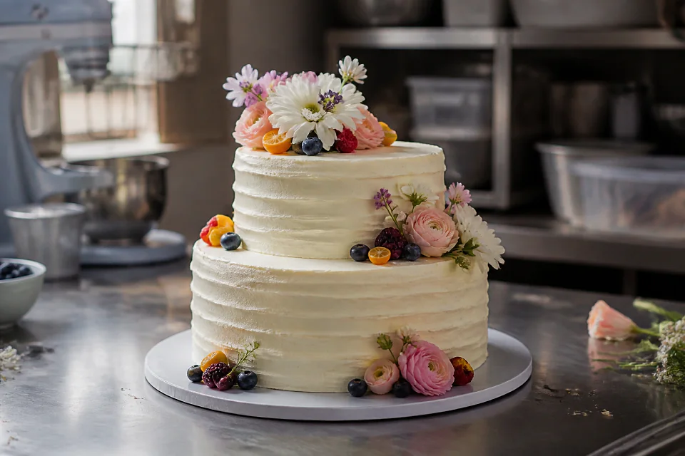 Gâteau de mariage préparé dans un atelier — illustration générée par IA