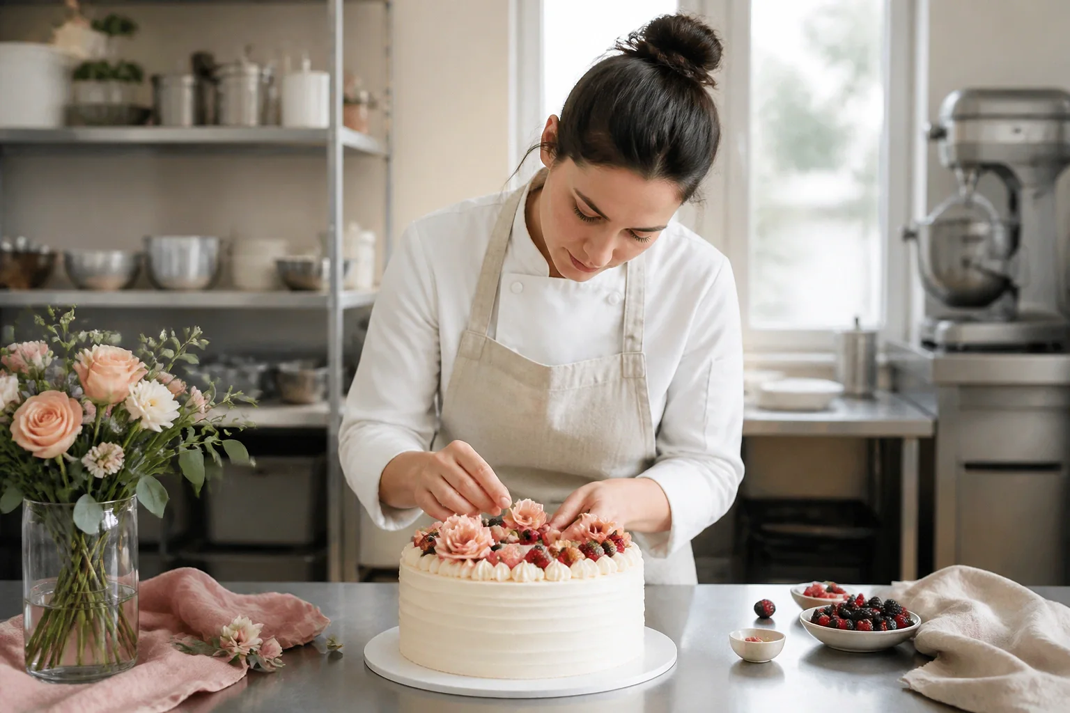 Gâteau de mariage préparé dans un atelier — illustration générée par IA