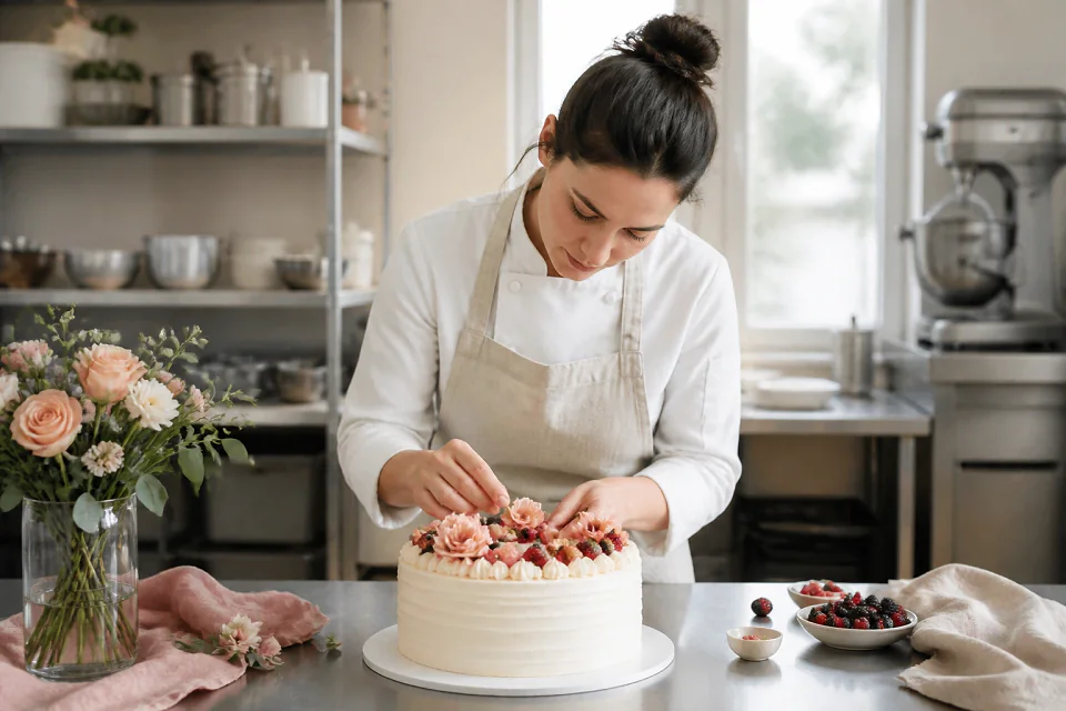 Gâteau de mariage préparé dans un atelier — illustration générée par IA