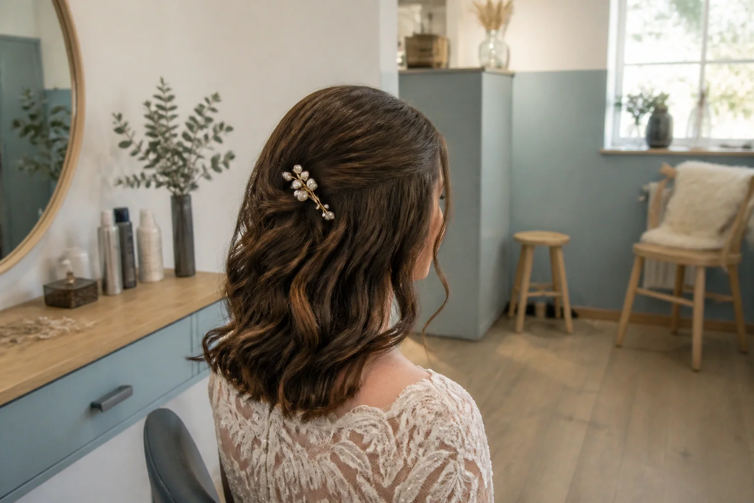 Coiffure de cérémonie vue pendant la préparation — illustration générée par IA