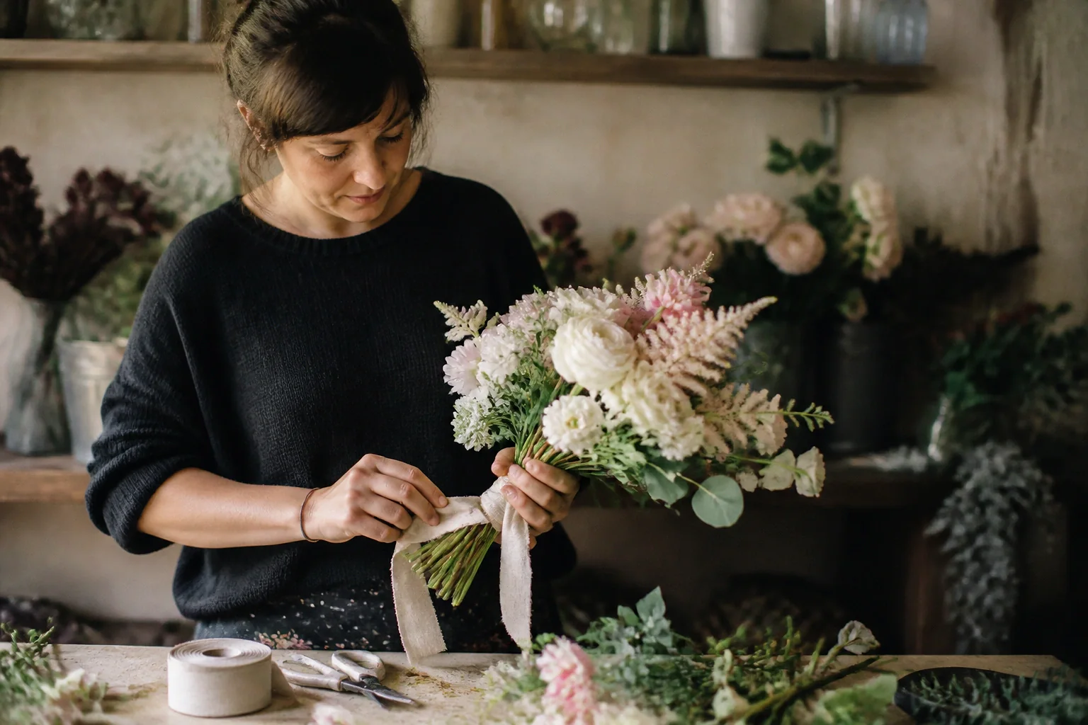 Préparation florale pour un mariage — illustration générée par IA