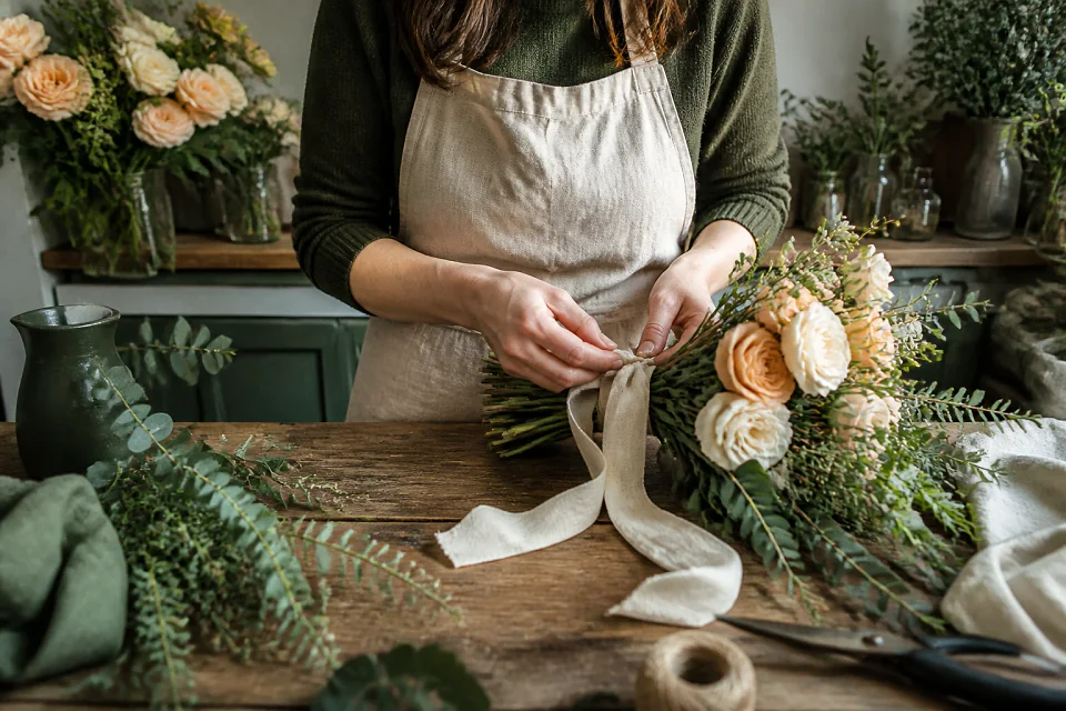 Préparation florale pour un mariage — illustration générée par IA