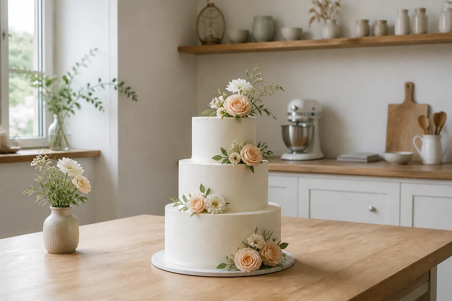 Gâteau de mariage préparé dans un atelier — illustration générée par IA