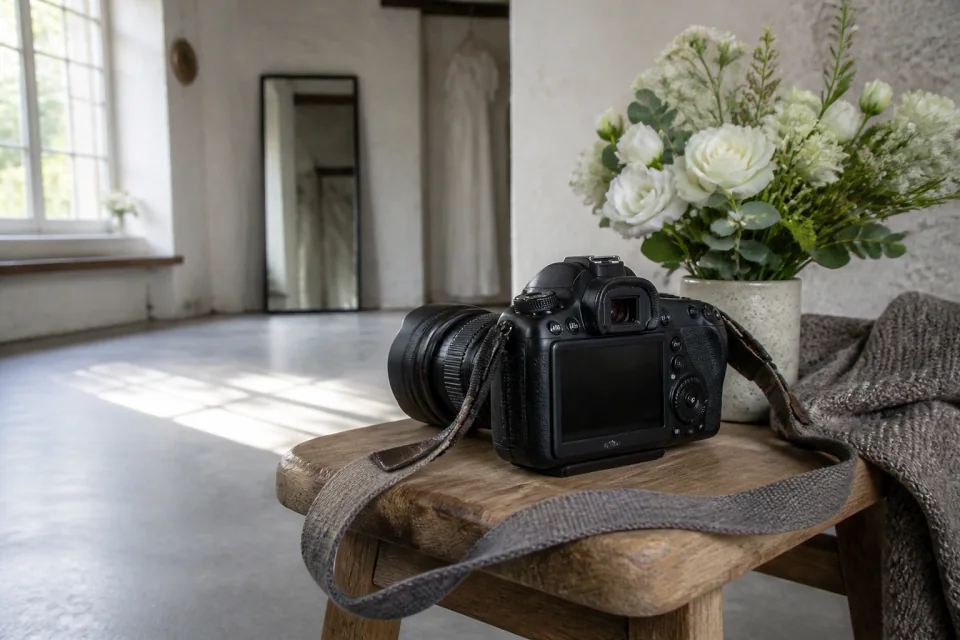 Appareil photo et accessoires de reportage de mariage — illustration générée par IA