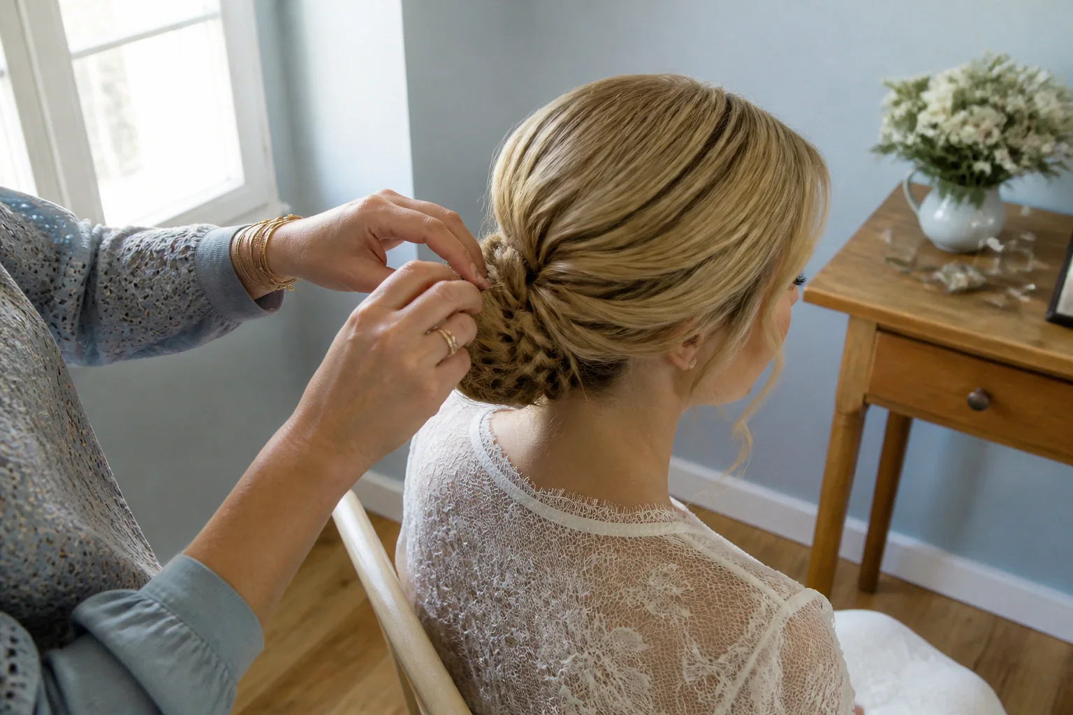 Coiffure de cérémonie vue pendant la préparation — illustration générée par IA