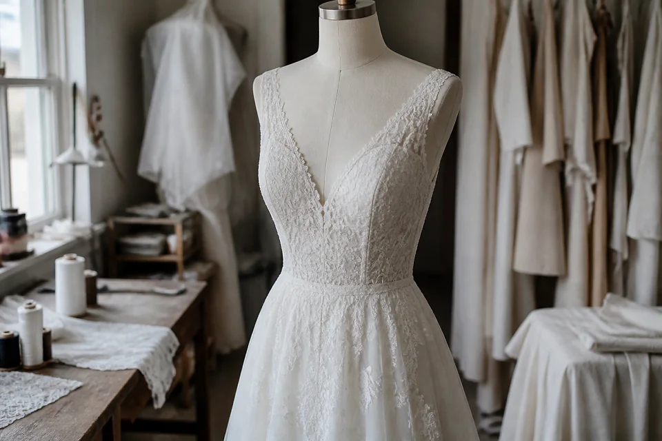 Robe de mariée dans un atelier de confection — illustration générée par IA