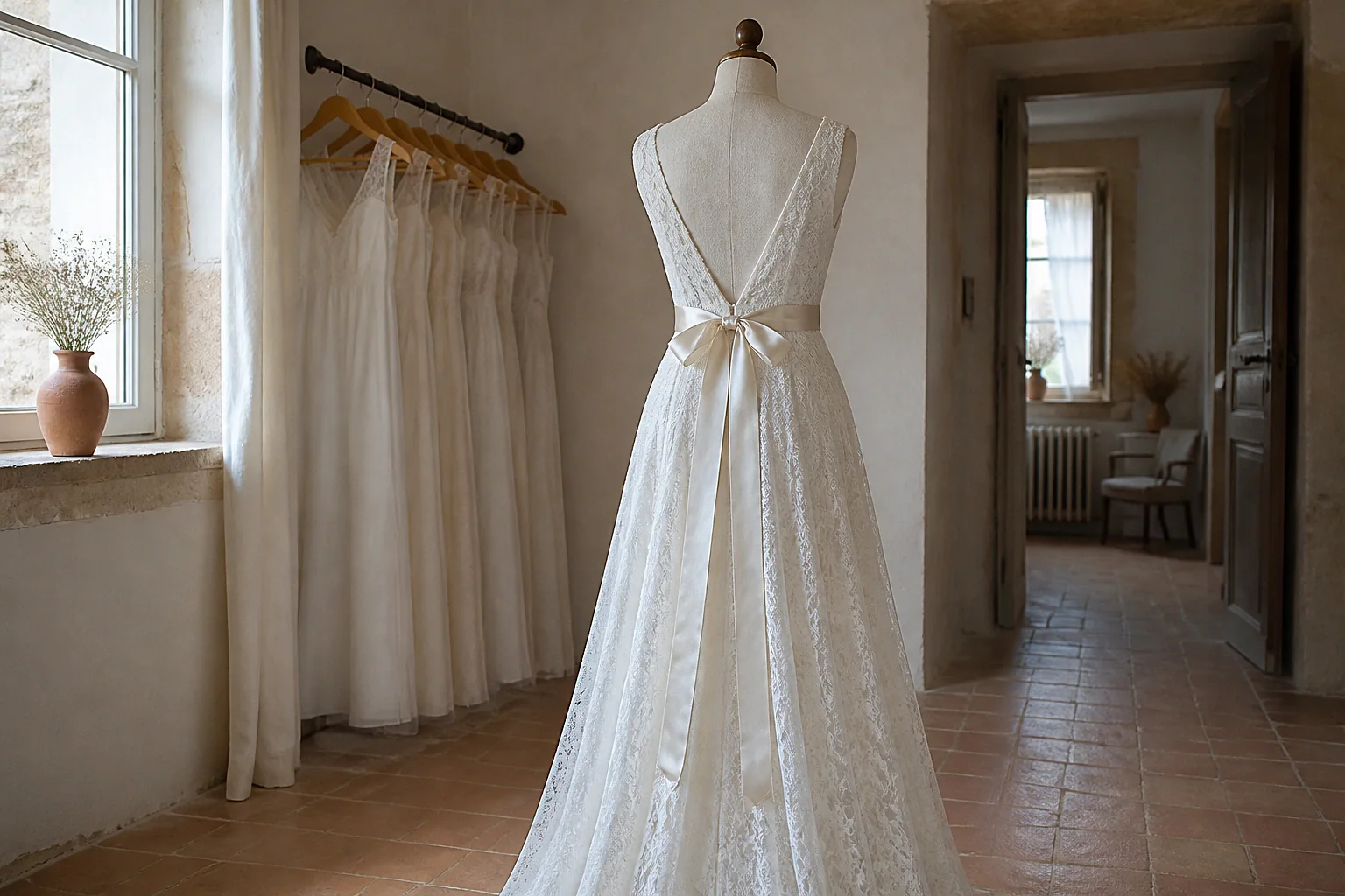 Robe de mariée dans un atelier de confection — illustration générée par IA