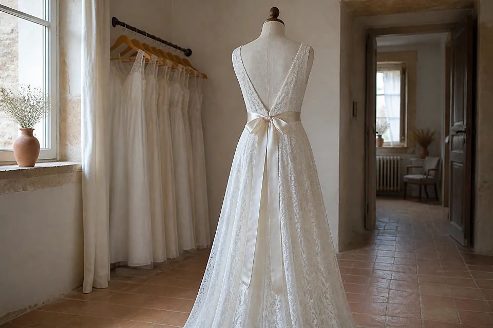 Robe de mariée dans un atelier de confection — illustration générée par IA