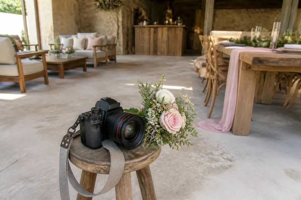 Appareil photo et accessoires de reportage de mariage — illustration générée par IA