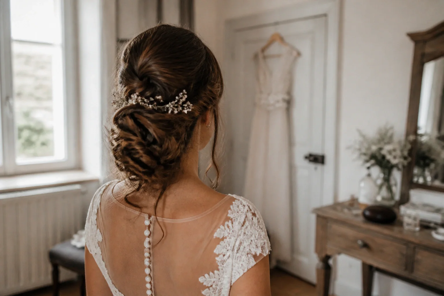 Coiffure de cérémonie vue pendant la préparation — illustration générée par IA
