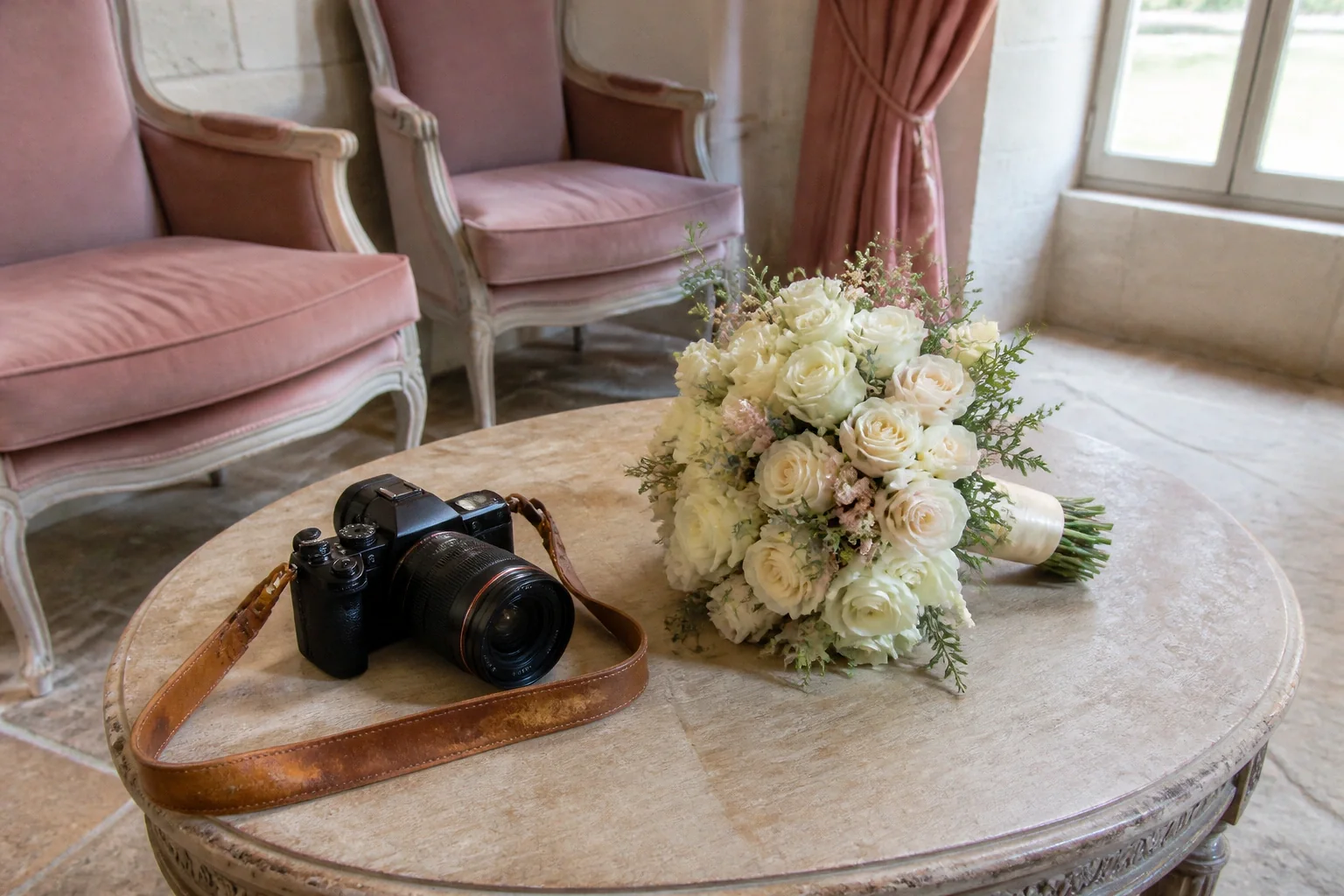 Appareil photo et accessoires de reportage de mariage — illustration générée par IA
