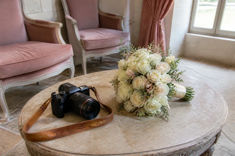 Appareil photo et accessoires de reportage de mariage — illustration générée par IA