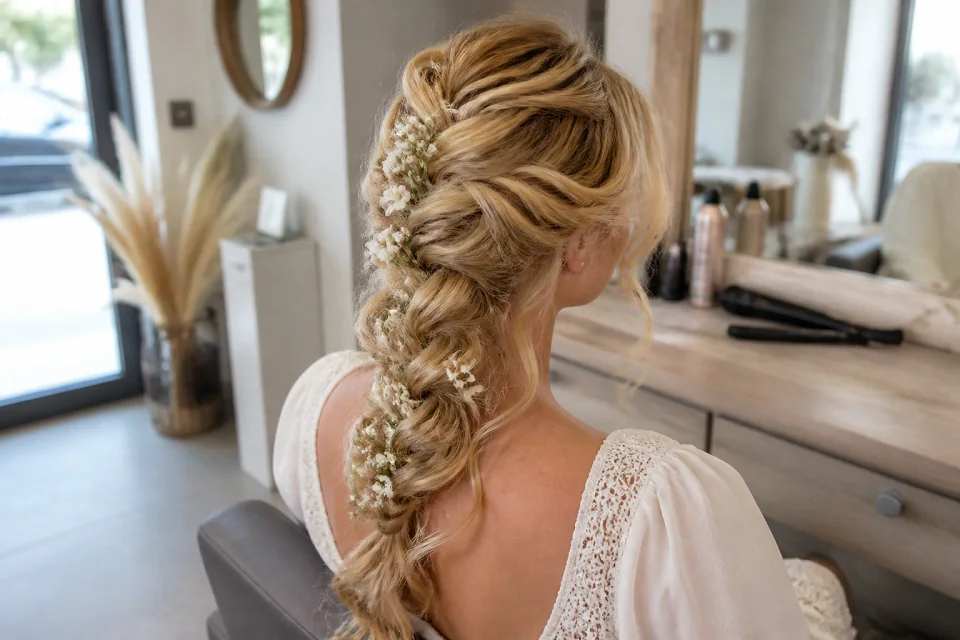 Coiffure de cérémonie vue pendant la préparation — illustration générée par IA