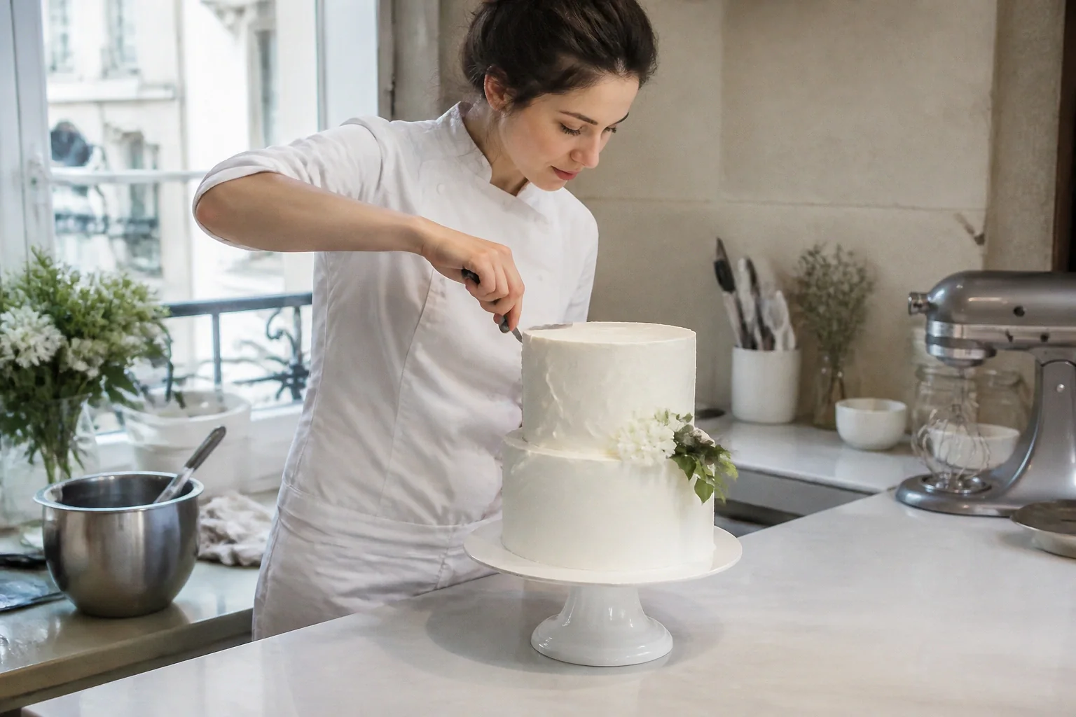 Gâteau de mariage préparé dans un atelier — illustration générée par IA