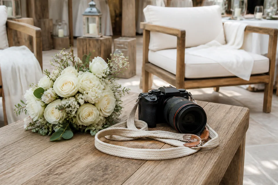 Appareil photo et accessoires de reportage de mariage — illustration générée par IA