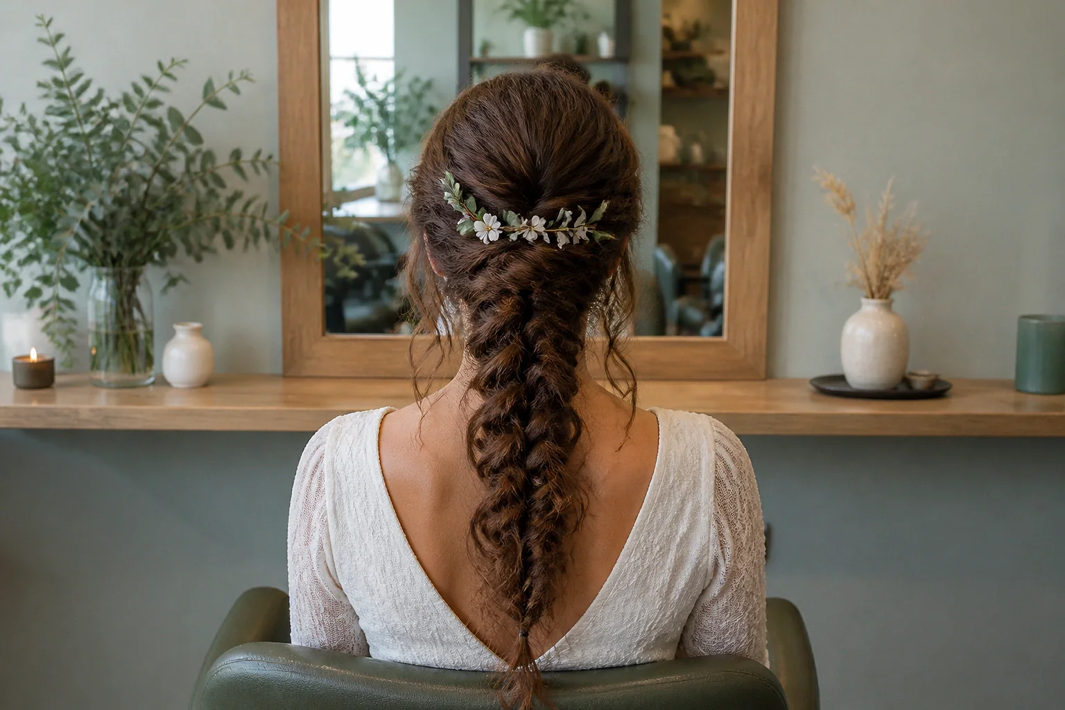 Coiffure de cérémonie vue pendant la préparation — illustration générée par IA