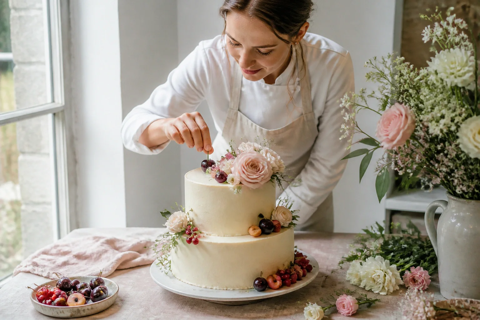 Gâteau de mariage préparé dans un atelier — illustration générée par IA