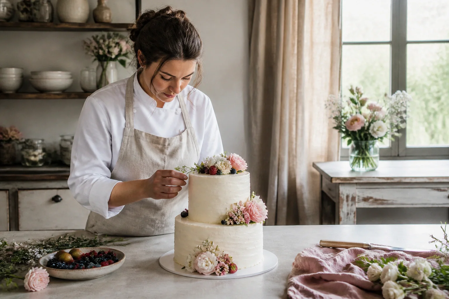 Gâteau de mariage préparé dans un atelier — illustration générée par IA