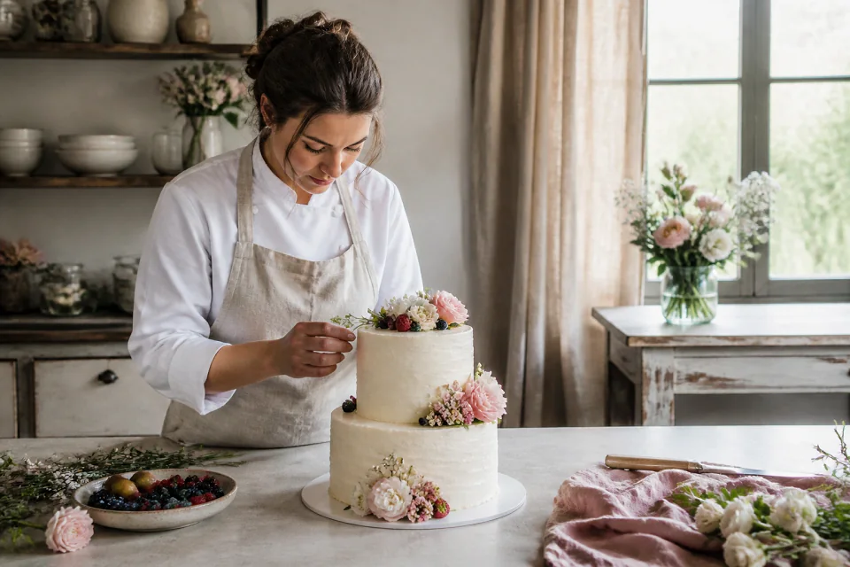 Gâteau de mariage préparé dans un atelier — illustration générée par IA