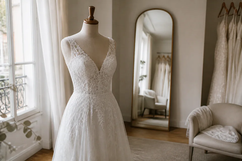 Robe de mariée dans un atelier de confection — illustration générée par IA