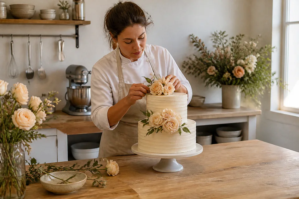 Gâteau de mariage préparé dans un atelier — illustration générée par IA