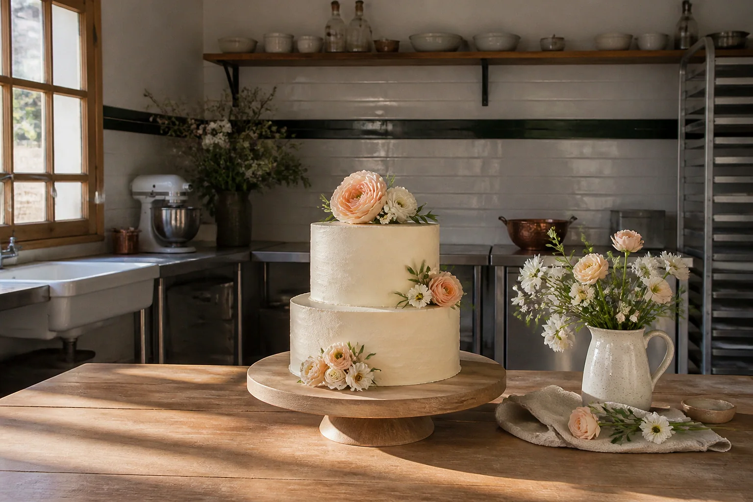 Gâteau de mariage préparé dans un atelier — illustration générée par IA